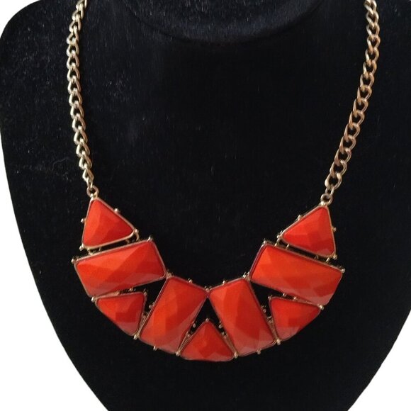 Chunky Statement Bib Necklace Orange Gold Colored Beaded  J63 - Picture 2 of 4